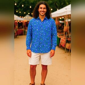 Retro Sailboat XL Ocean Blue Island Print Button Down Casual Shirt New